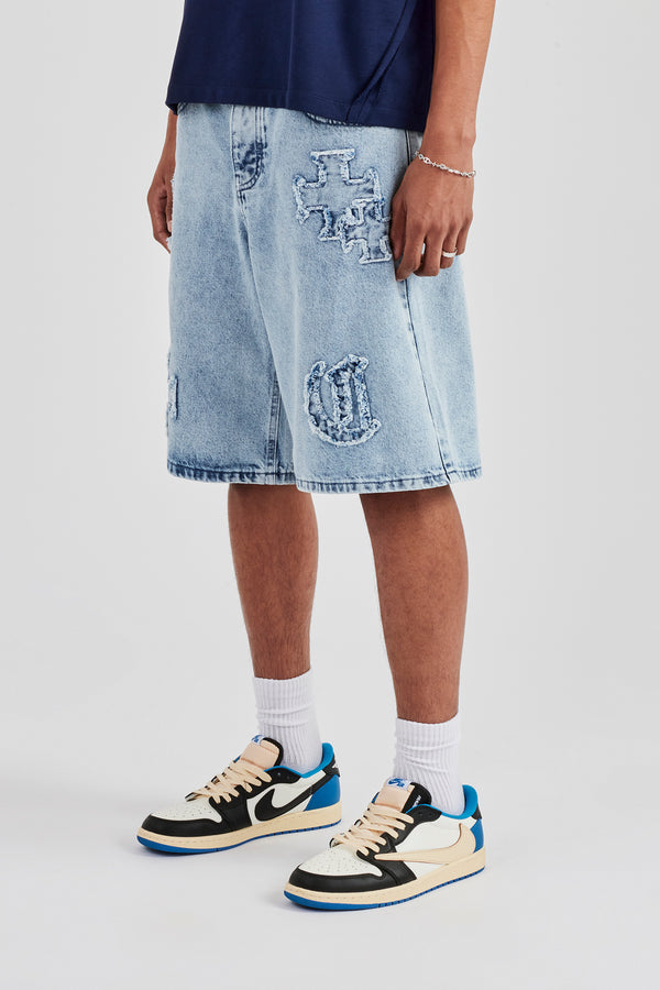 Raw Edge Applique Denim Bermuda Short - Light Blue