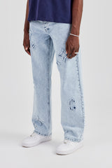 Mens Relaxed Fit Applique Denim Jean - Ice Blue