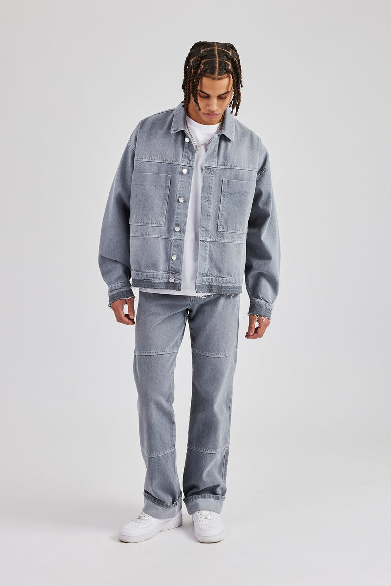 Mens Contrast Stitch Denim Jacket - Washed Grey