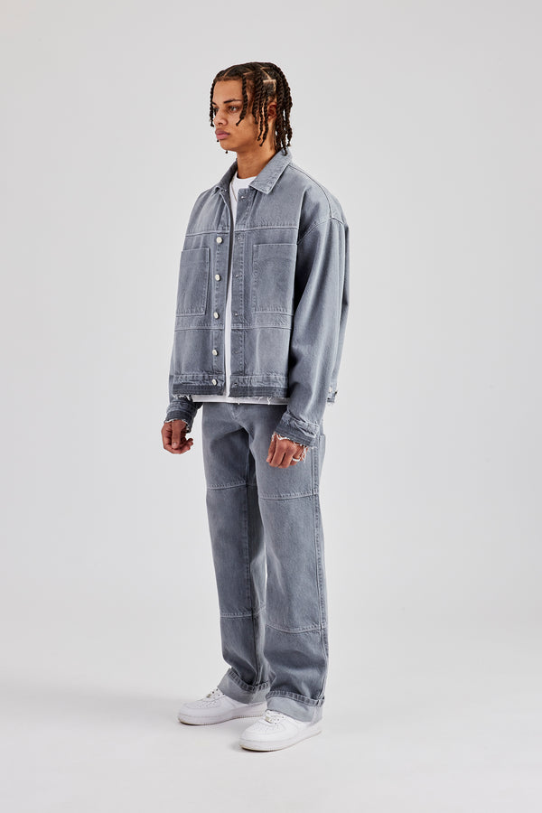 Mens Contrast Stitch Denim Jacket & Turn Up Jean - Washed Grey