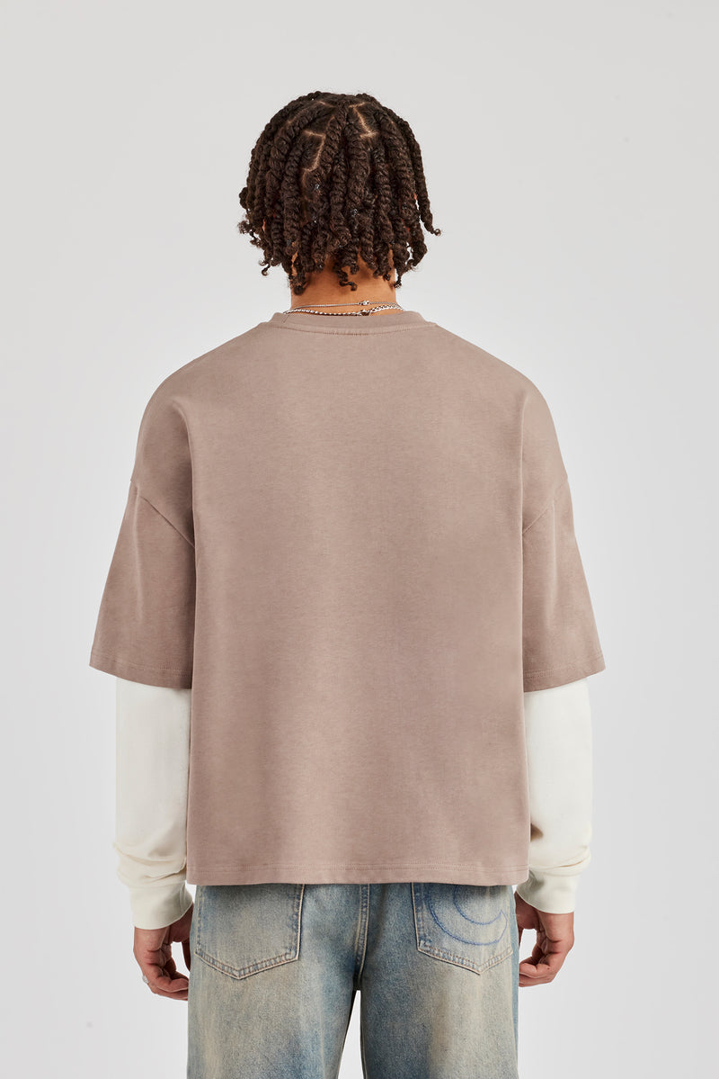 Layered Applique Long Sleeve T-Shirt - Washed Taupe