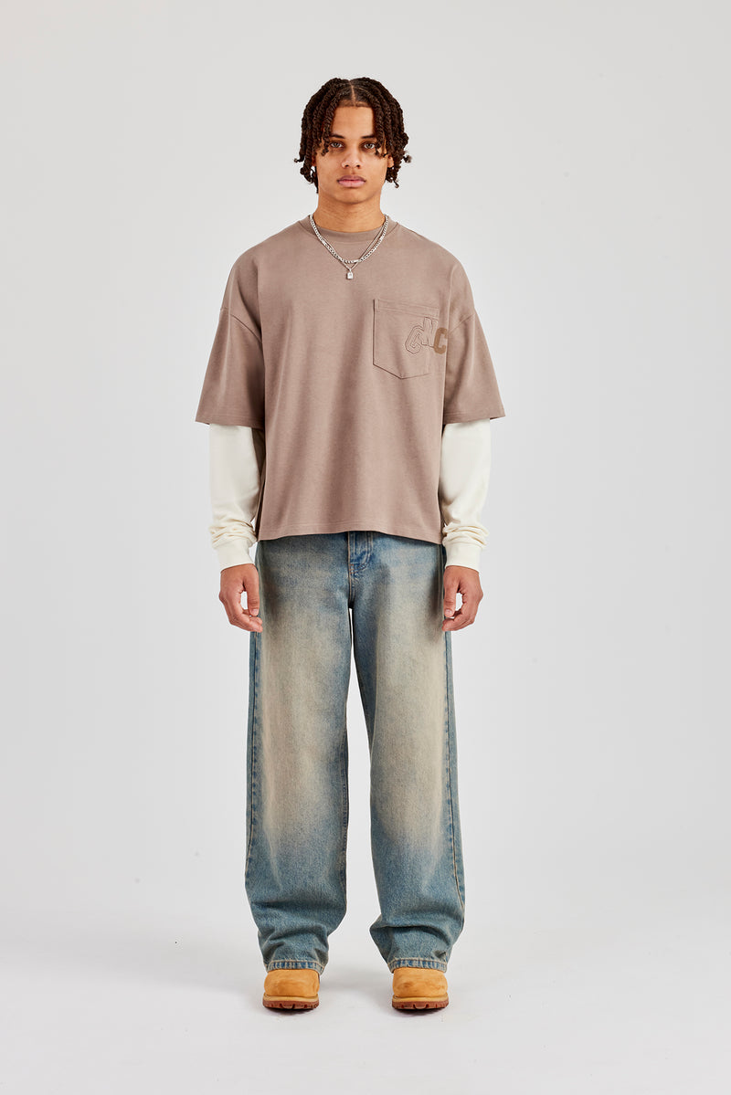 Layered Applique Long Sleeve T-Shirt - Washed Taupe