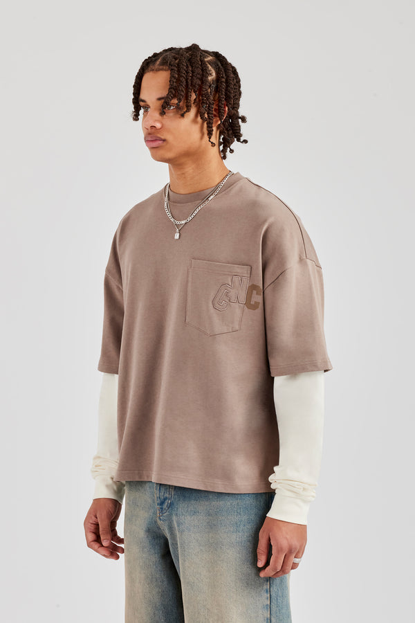 Layered Applique Long Sleeve T-Shirt - Washed Taupe