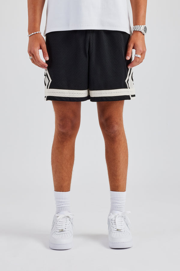 Logo Panelled Mesh Short - Black