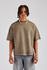 Boxy Fit Distressing Dual Hem T-Shirt - Taupe