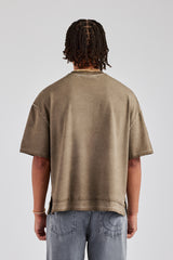 Boxy Fit Distressing Dual Hem T-Shirt - Taupe