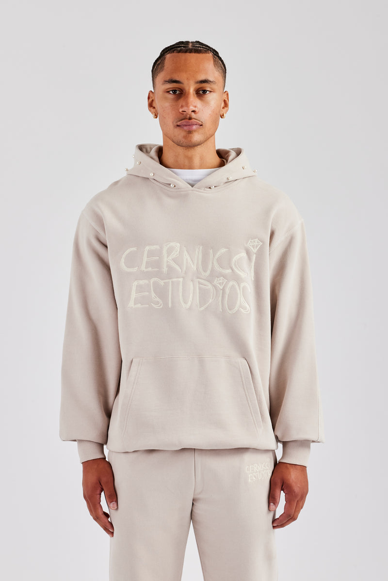 Washed Contrast Stitch Pearl Hoodie - Stone