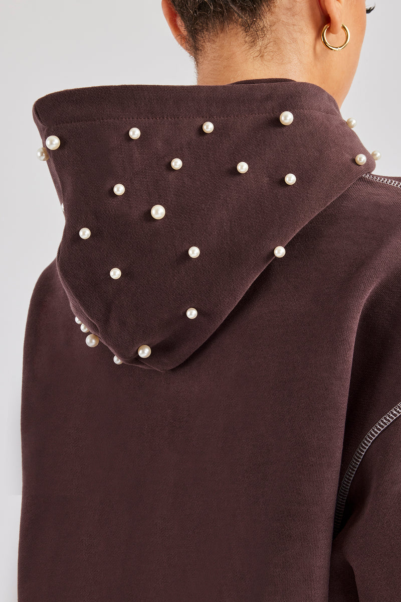 Contrast Stitch Pearl Hoodie - Chocolate