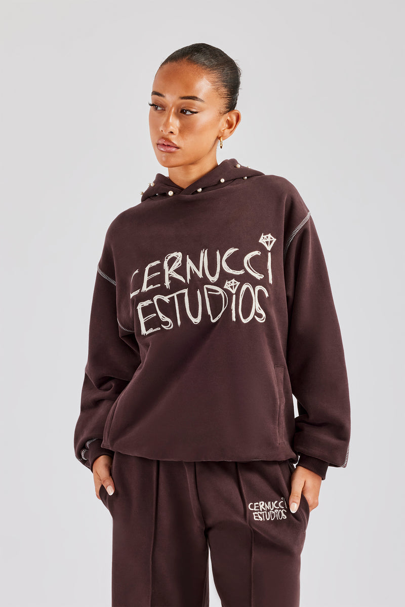 Contrast Stitch Pearl Hoodie - Chocolate