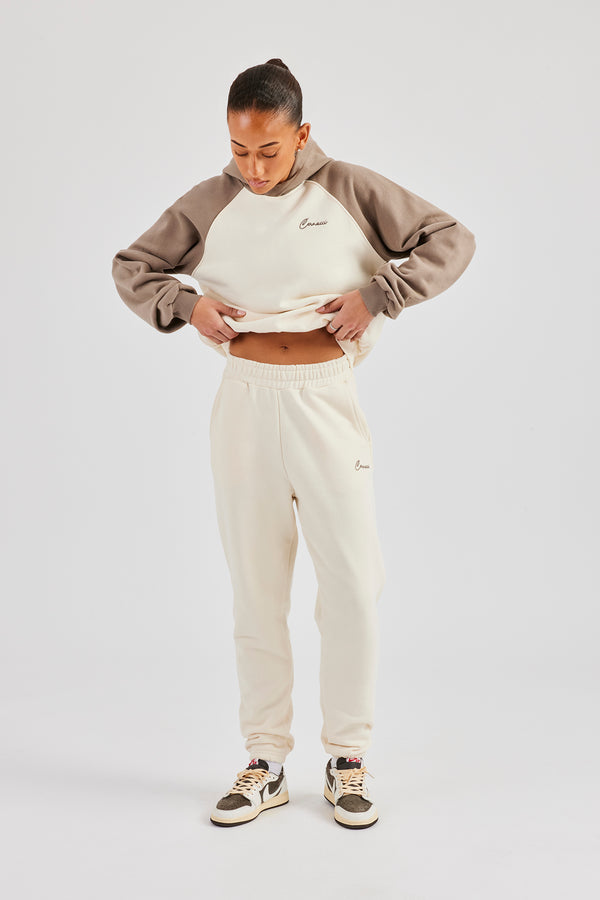 Contrast Raglan Sleeve Hoodie & Embroidered Cuffed Jogger - White