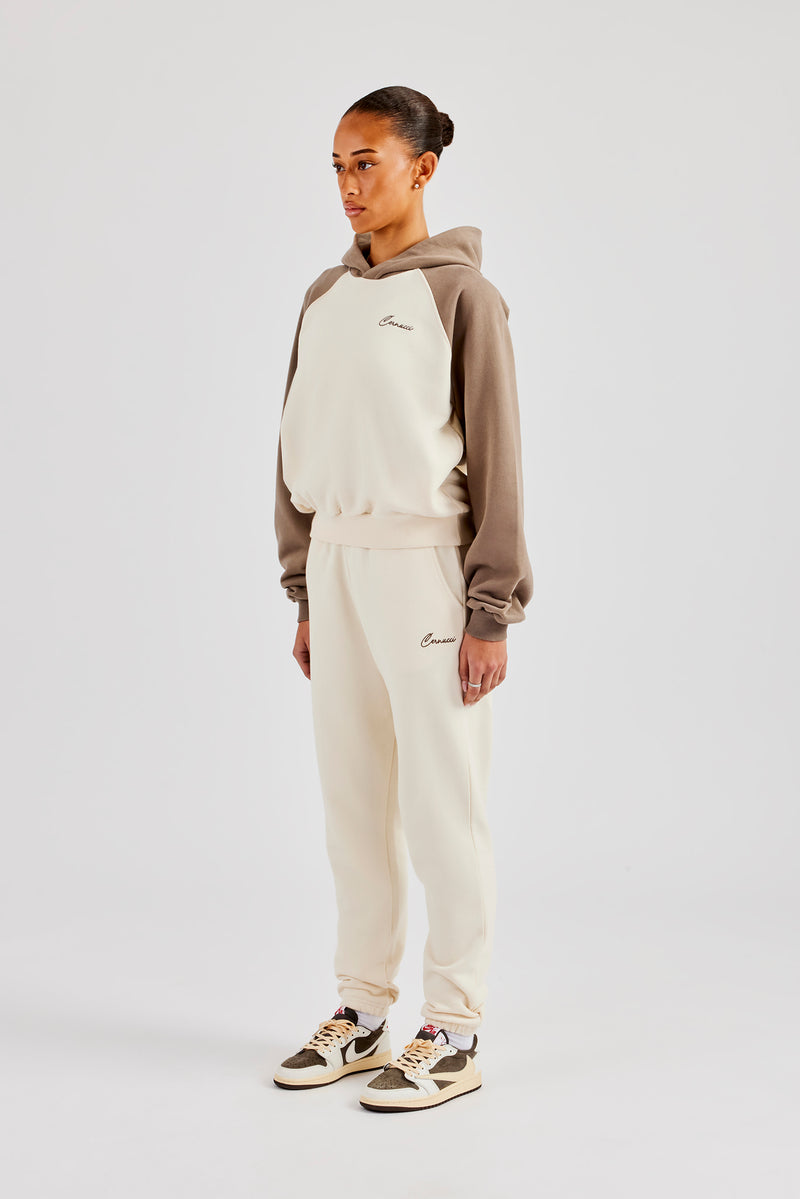 Contrast Raglan Sleeve Hoodie & Embroidered Cuffed Jogger - White