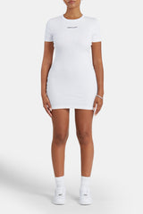 Embroidered Ribbed Short Sleeve Dress - White