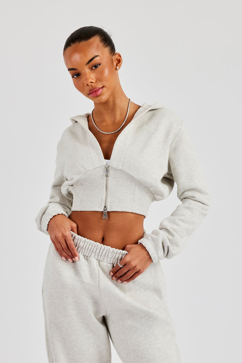 Rib Contrast Fitted Zip Hoodie - Ash Grey