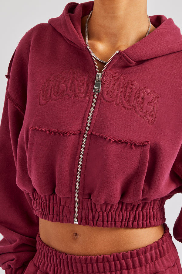 Cropped Exposed Seam  Zip Through Hoodie - Cherry Red