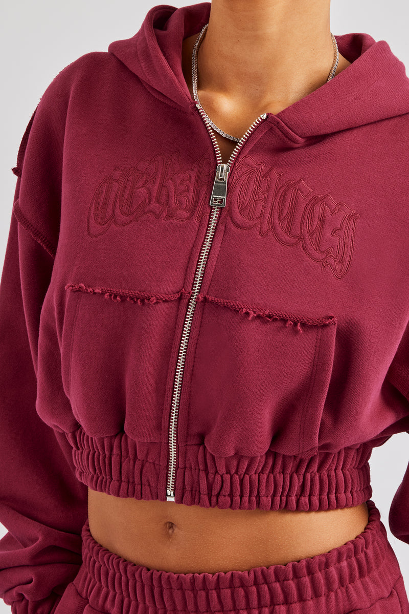 Cropped Exposed Seam  Zip Through Hoodie - Cherry Red