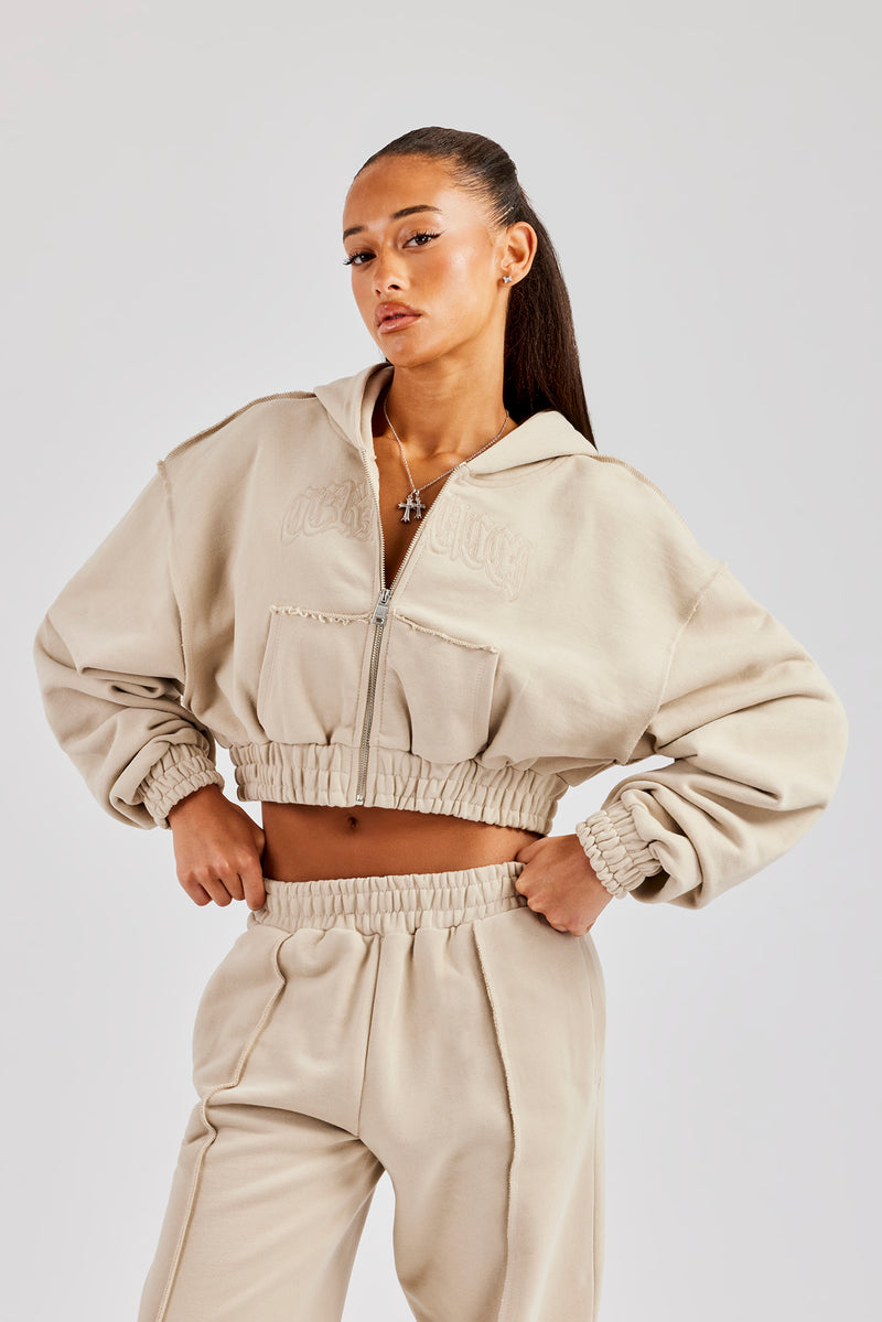 Cropped Exposed Seam  Zip Through Hoodie - Stone