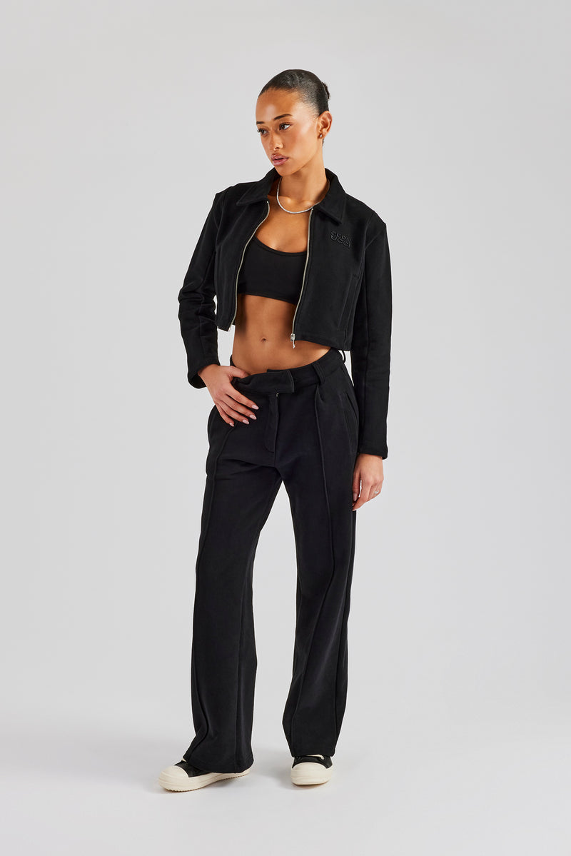 Tailored Jersey Cropped Harrington Jacket & Wide Leg Trouser - Black