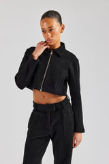 Tailored Jersey Cropped Harrington Jacket & Wide Leg Trouser - Black