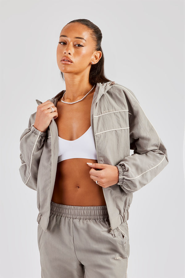 Nylon Full Zip Through Hooded Jacket - Light Grey