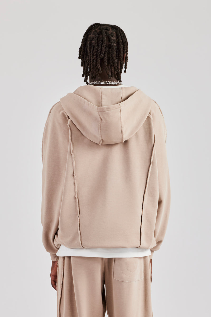 Acid Exposed Seam Zip Through Hoodie - Stone