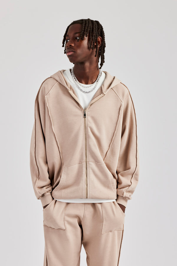 Acid Exposed Seam Zip Through Hoodie - Stone