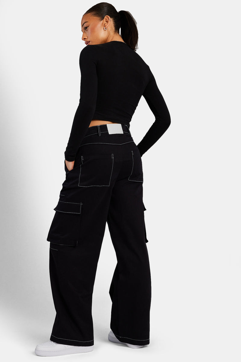 Contrast Stitch Cargo Trouser - Black