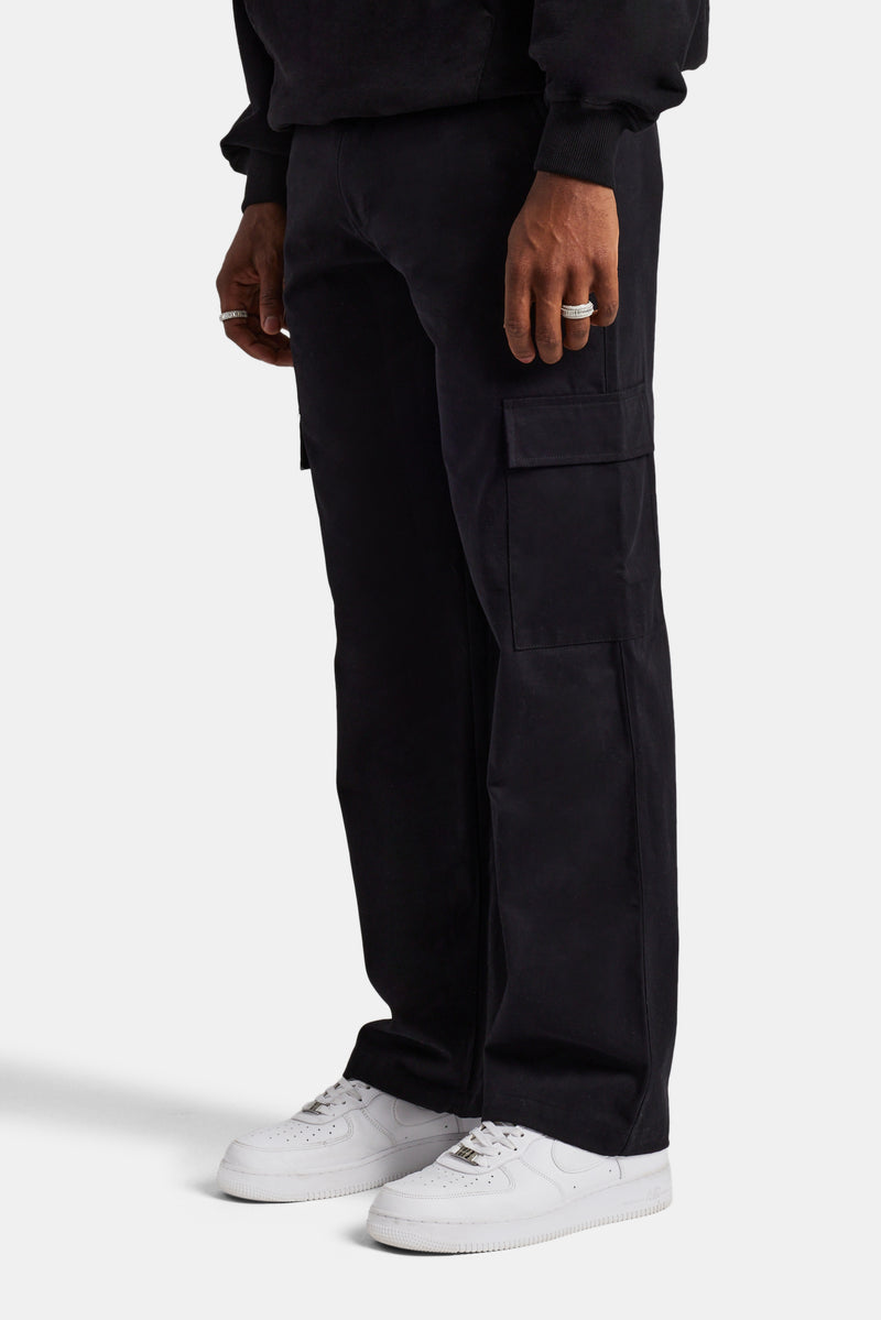 Fixed Waistband Relaxed Cargo Trouser  - Black