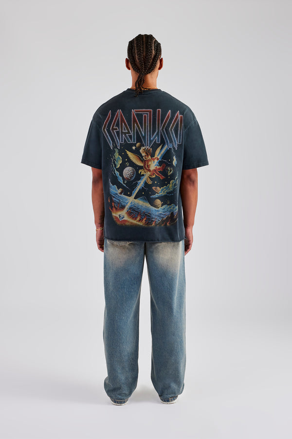 Acid Wash Space Cherub Oversized T-Shirt - Charcoal