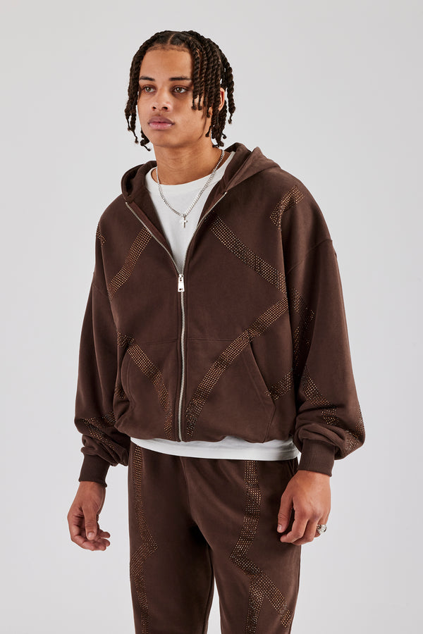 Rhinestone Diamond Zip Through Hoodie - Chocolate