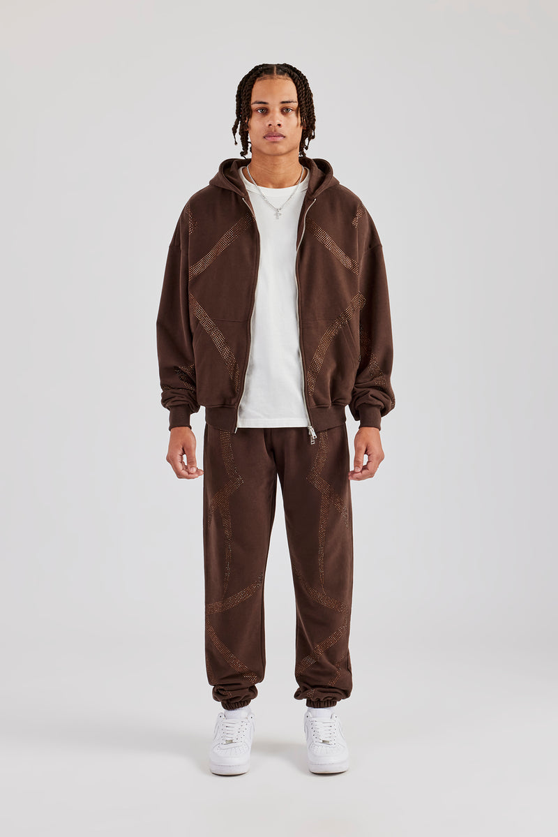 Rhinestone Cross Zip Through Tracksuit - Brown