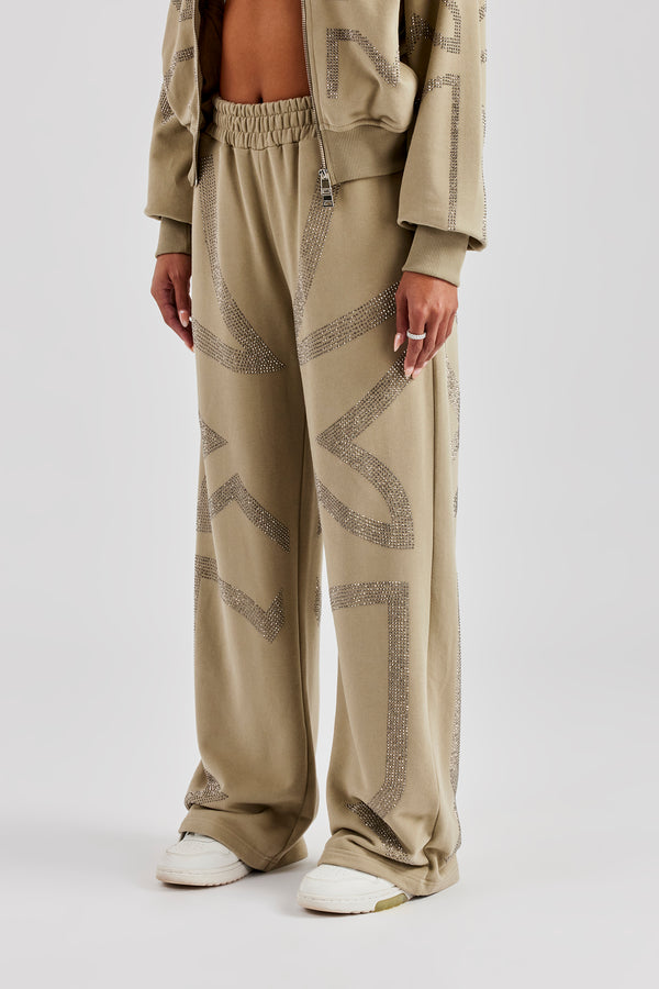 Rhinestone Cross Wide Leg Jogger - Khaki