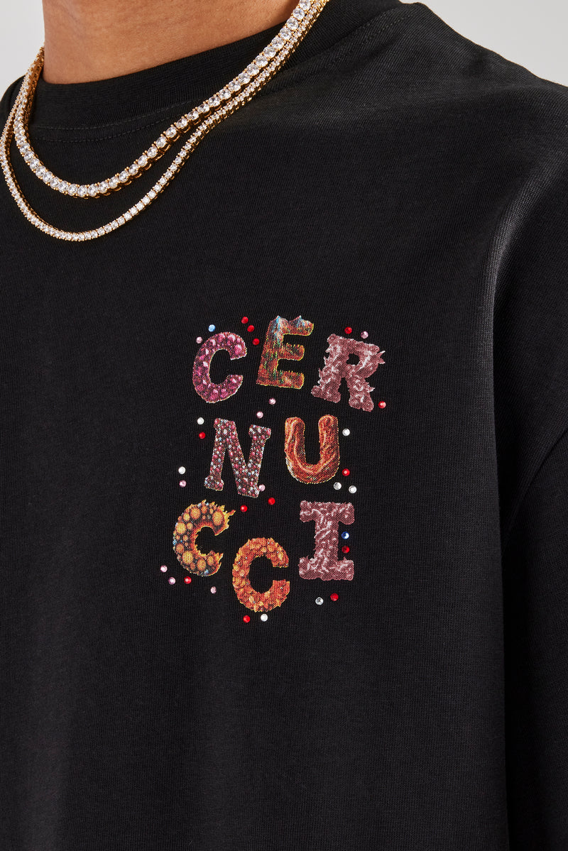 Cernucci Orange Letter Rhinestone Oversized T-Shirt - Black