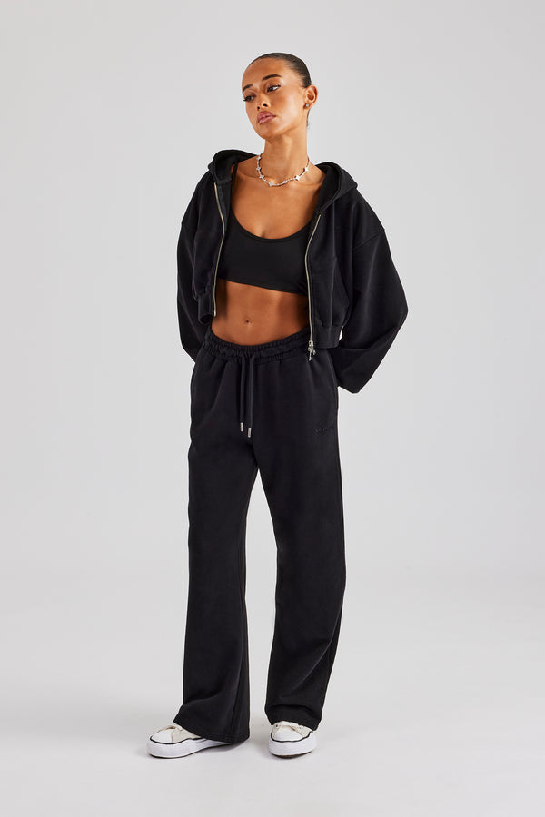 Cernucci Cropped Zip Through Hoodie & Wide Leg Jogger - Black