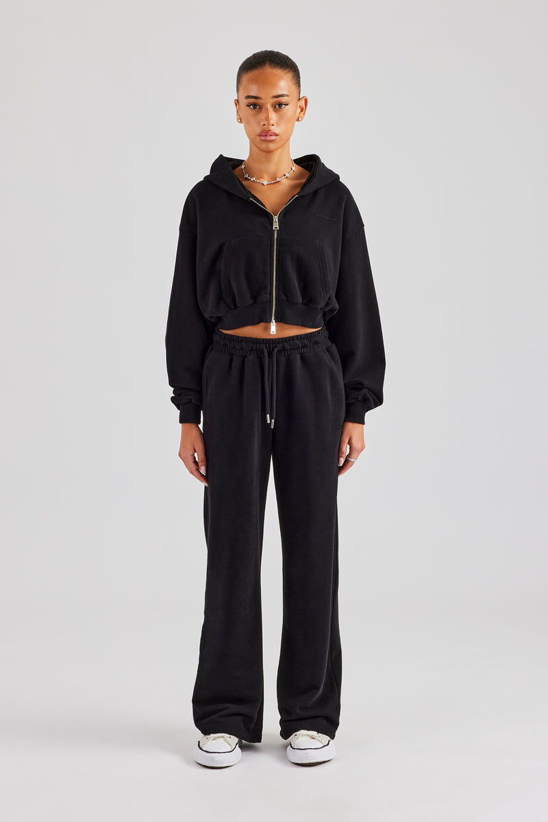 Cernucci Cropped Zip Through Hoodie & Wide Leg Jogger - Black