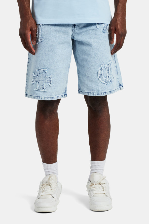 Raw Edge Applique Denim Bermuda Short - Light Blue