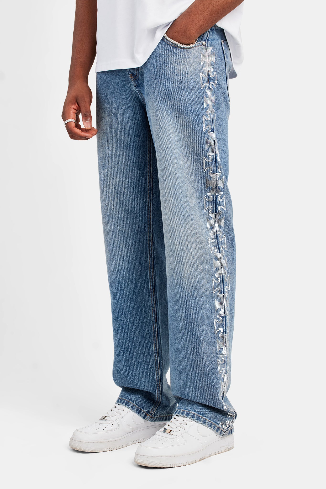 Relaxed Rhinestone Motif Jeans - Mid Blue | Mens Denim | Shop Denim ...