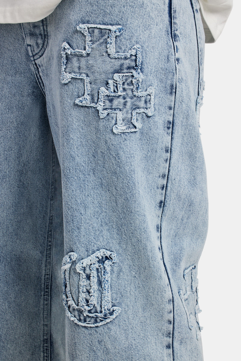 Baggy Raw Edge Applique Jeans - Light Blue