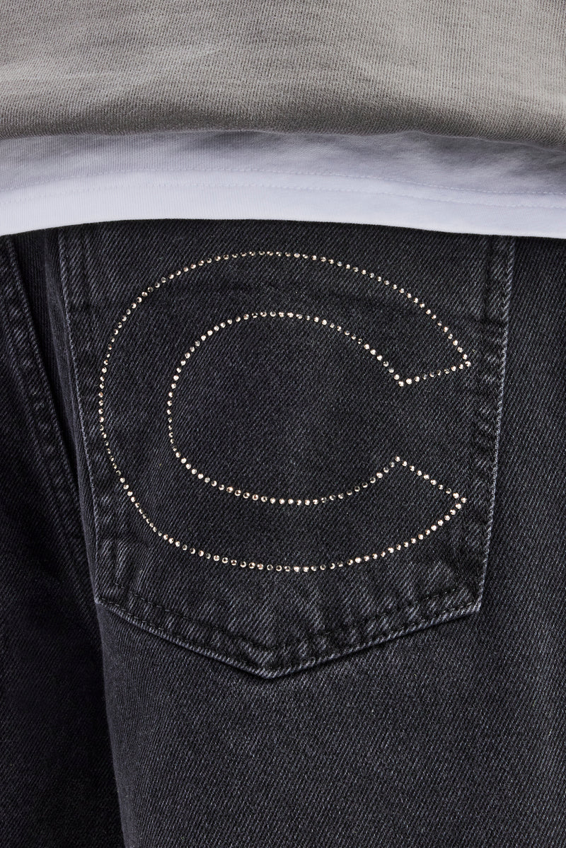 Relaxed Rhinestone Pocket Detail Jeans  - True Black