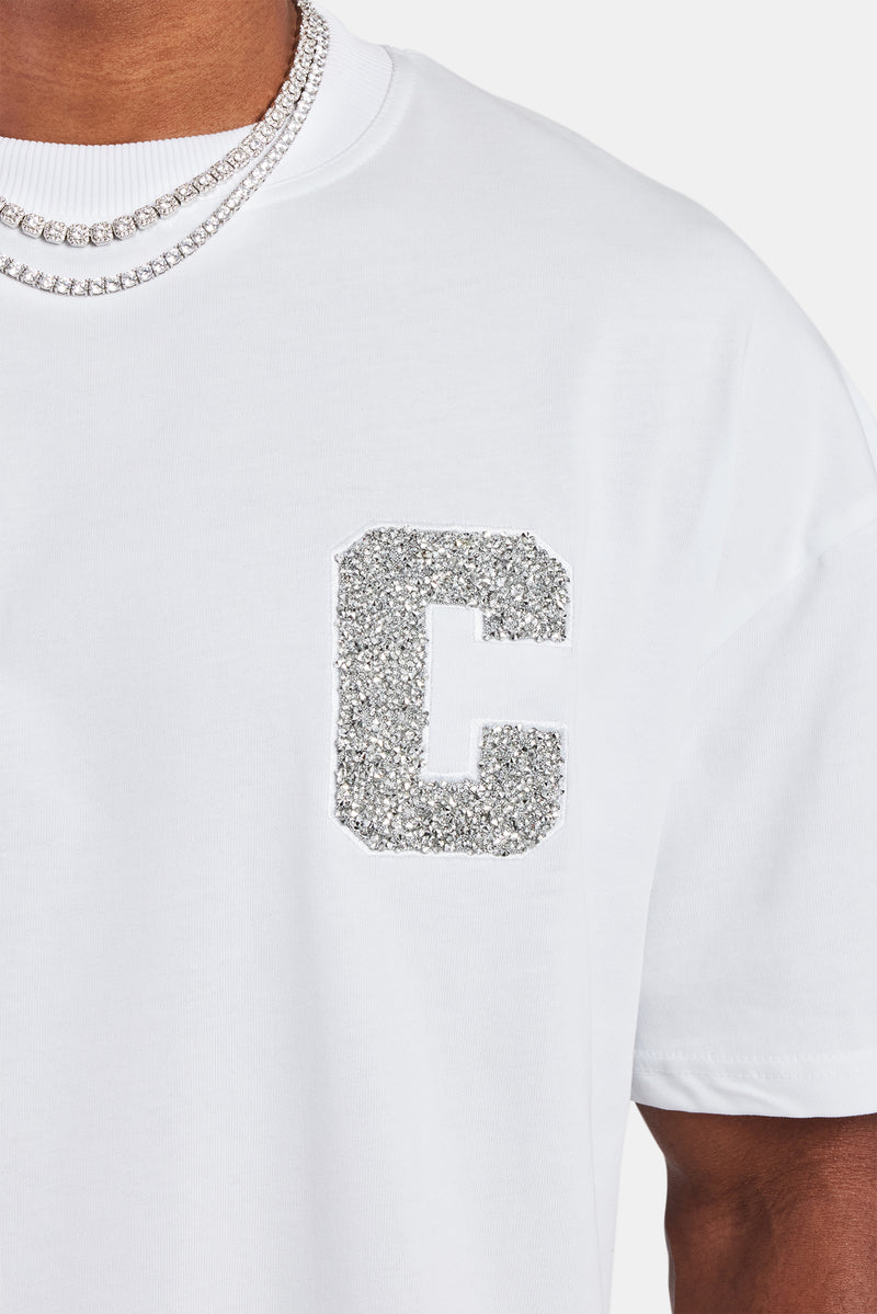 Oversized C Rhinestone Applique T- Shirt - White