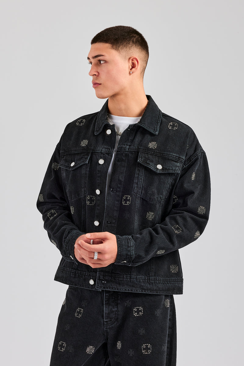 Oversized Embellished Denim Jacket - Washed Black