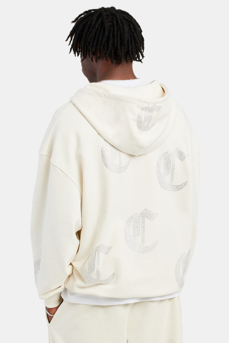 C Repeat Rhinestone Zip Through Hoodie - Ecru