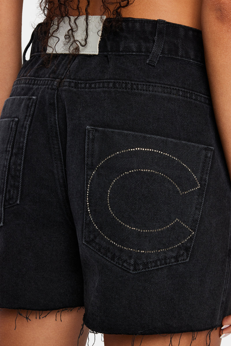 Denim Short With Turn Down Waistband - Washed Black