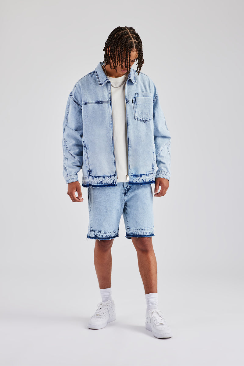 Denim Zip Jacket & Panelled Short Set - Light Blue