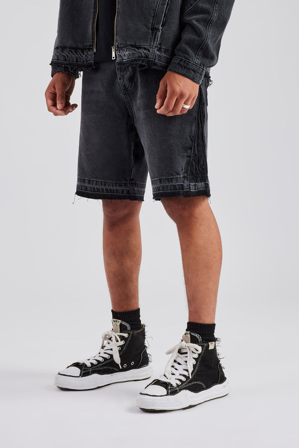 Denim Panelled Short - Washed Grey