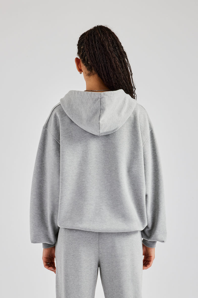 C Embroidered Zip Through Hoodie - Grey Marl