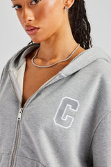 C Embroidered Zip Through Hoodie - Grey Marl