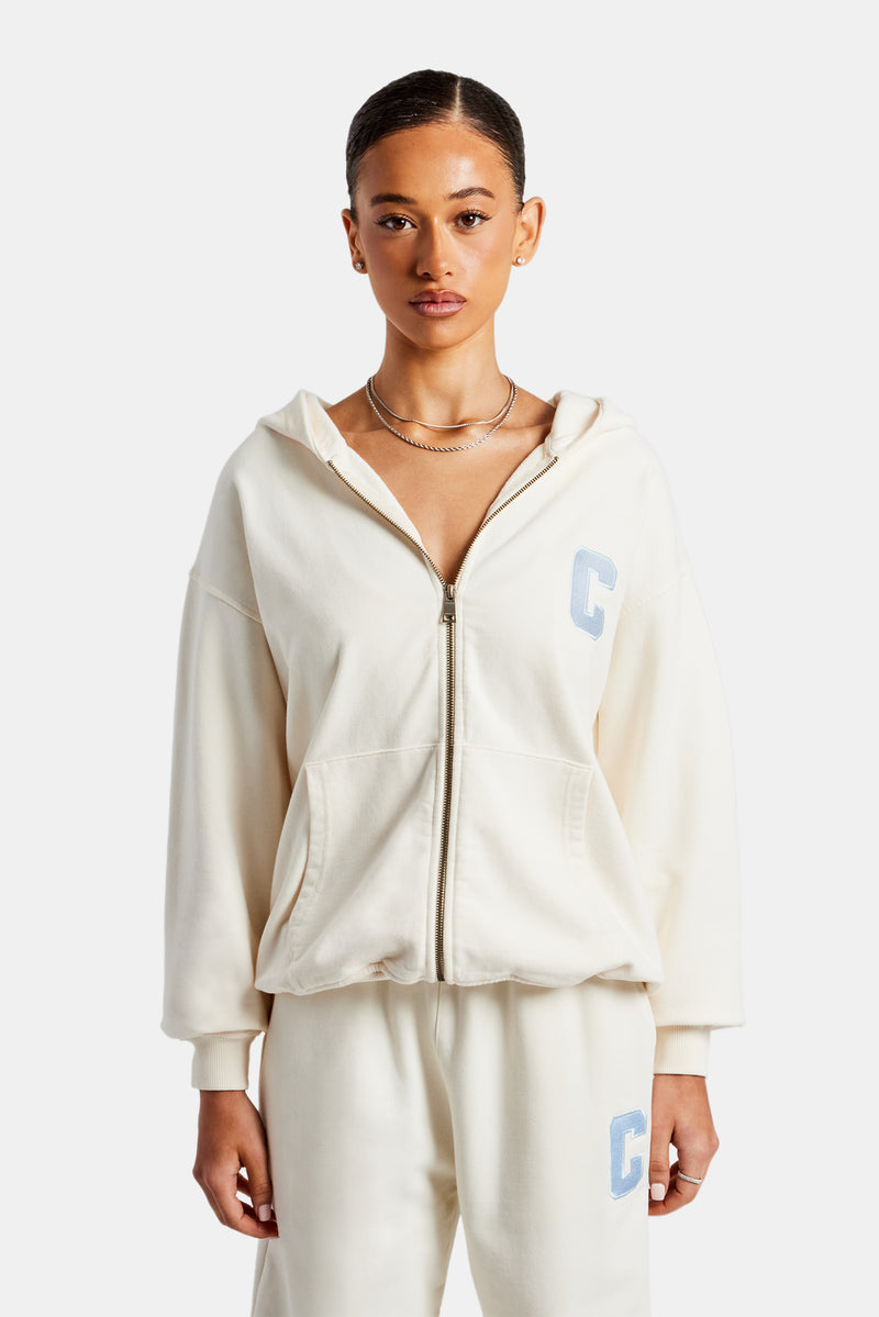 C Embroidered Zip Through Hoodie - Off White