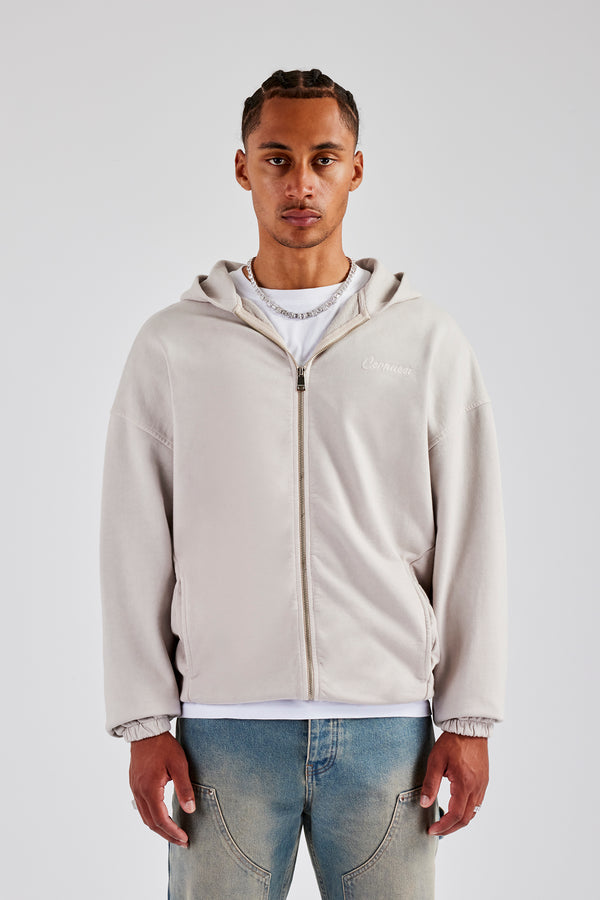 Embroidered Zip Through Hoodie - Washed Stone