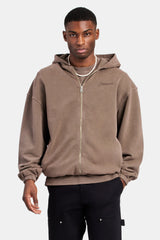 Embroidered Zip Through Hoodie - Washed Brown