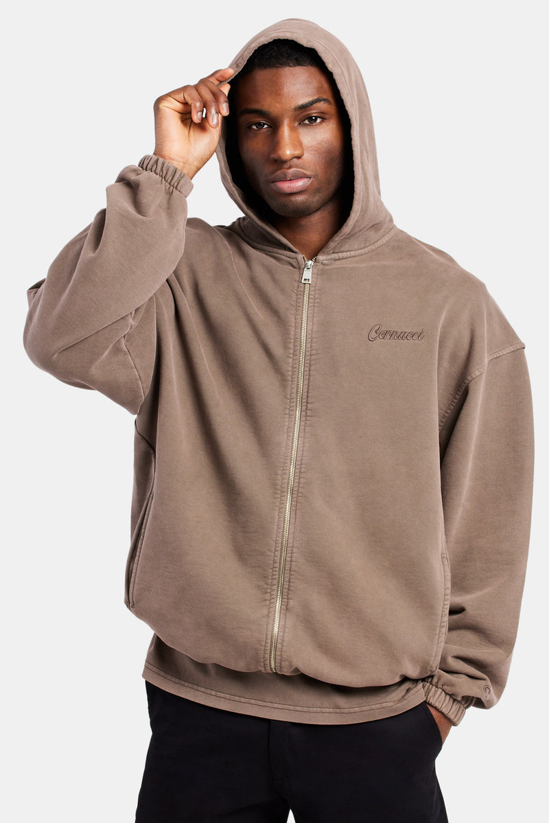 Embroidered Zip Through Hoodie - Washed Brown